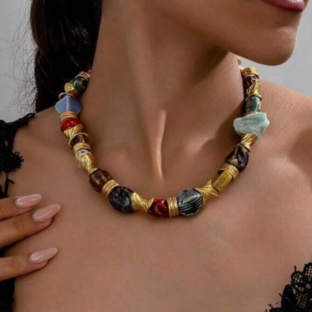 Boho stone beaded necklace N619